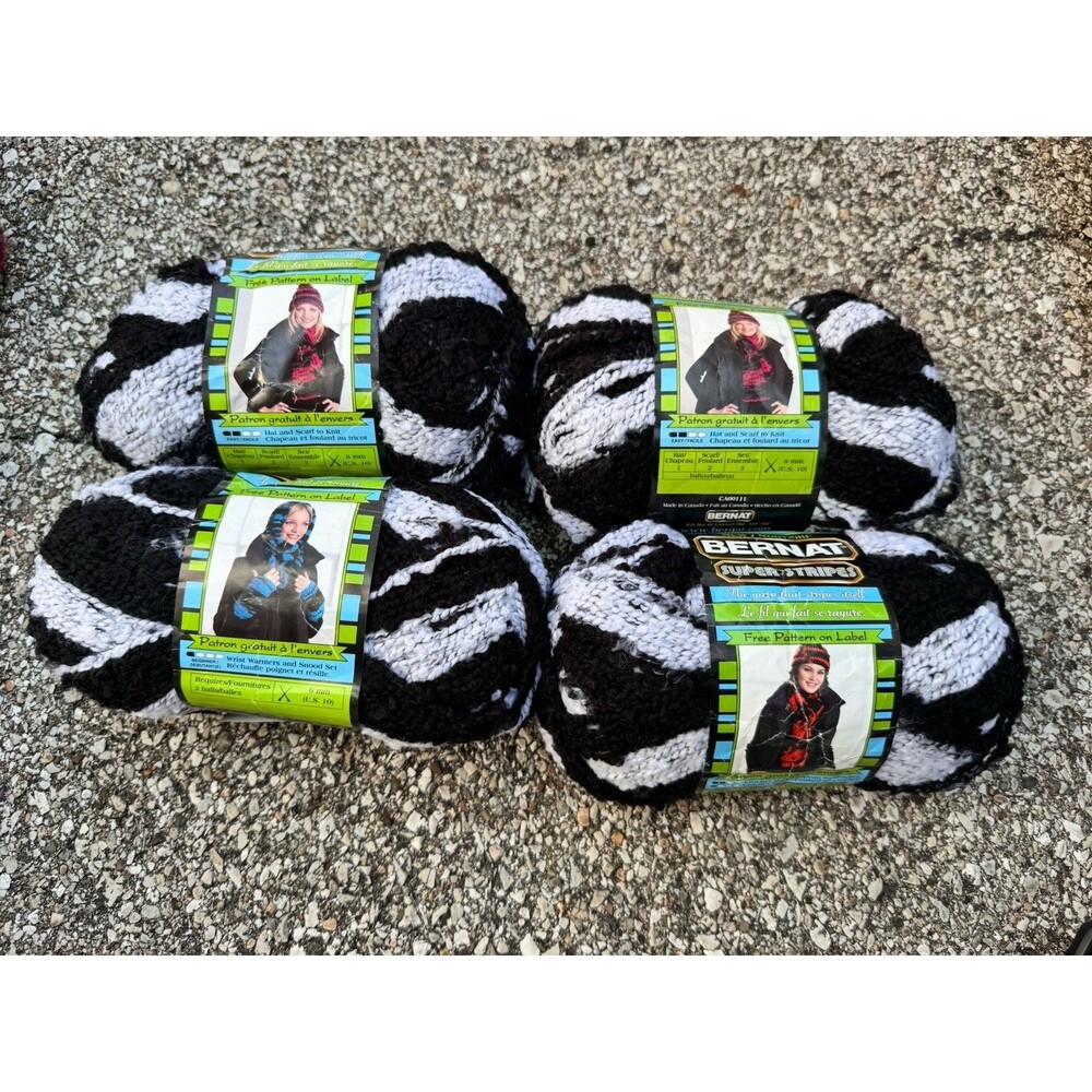 Bernat Super Stripes Yarn Black White Lot 4 Zebra Acrylic Color 69005